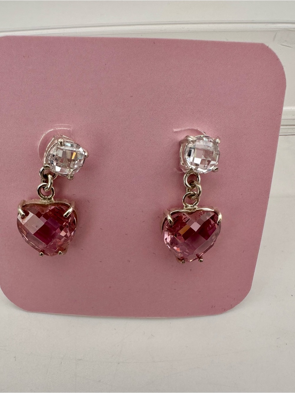 Pink Heart Drop Earrings with Clear Studs